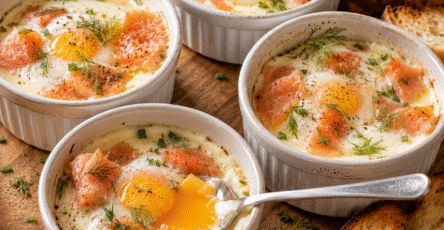 Œufs cocotte au saumon fumé avec jaune coulant et crème