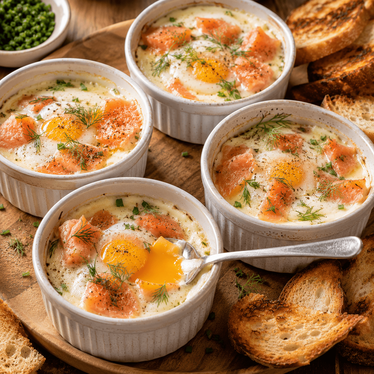 Œufs cocotte au saumon fumé avec jaune coulant et crème