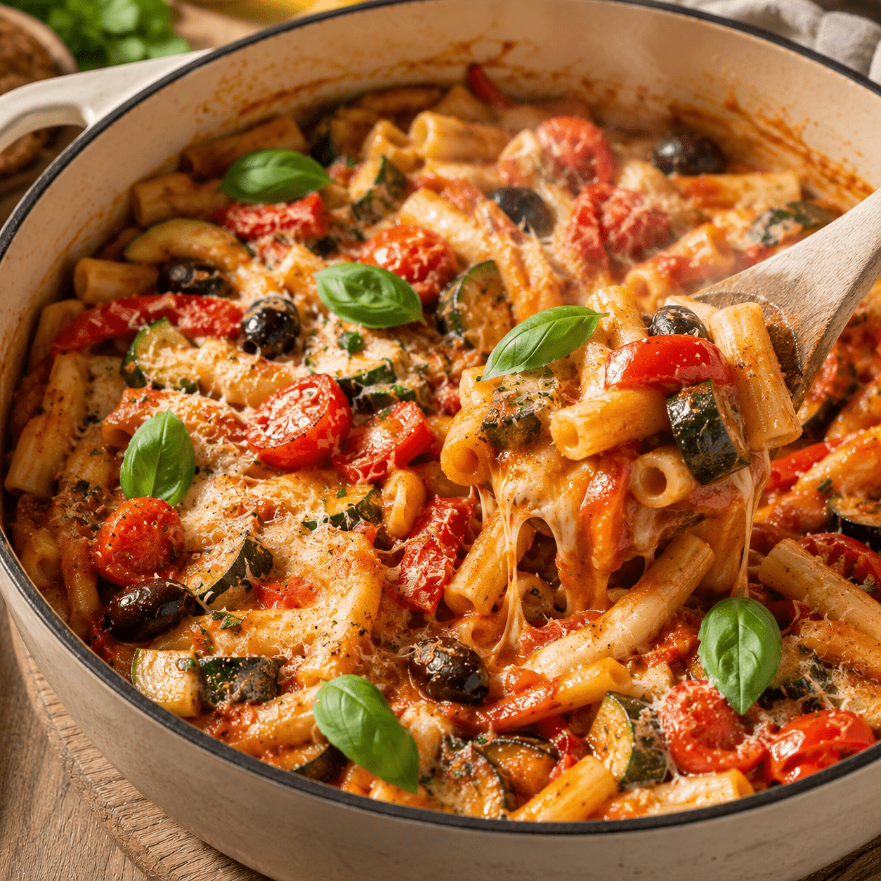 One-pot pasta méditerranéen crémeux aux légumes d’été