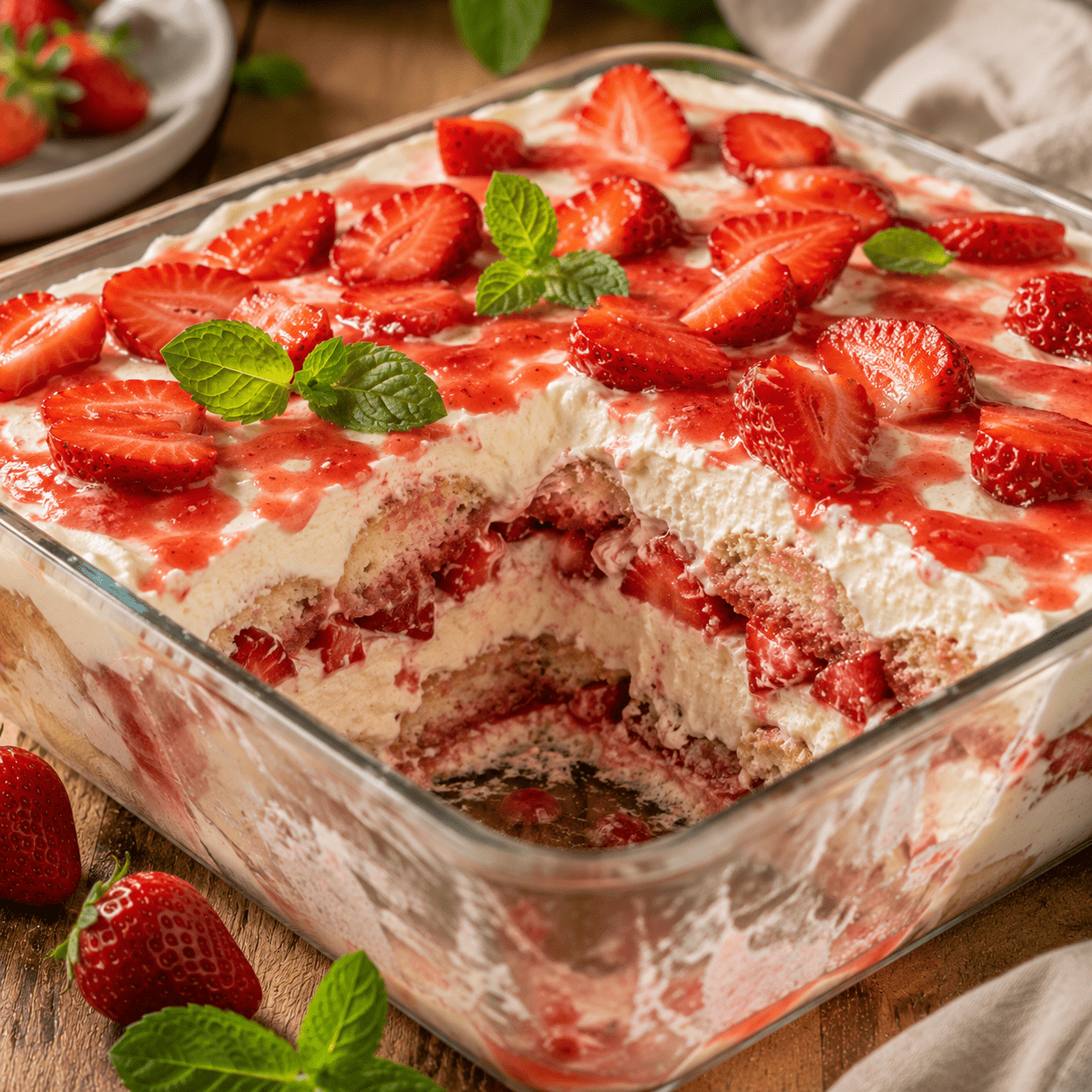Tiramisu fraises avec crème au mascarpone et coulis