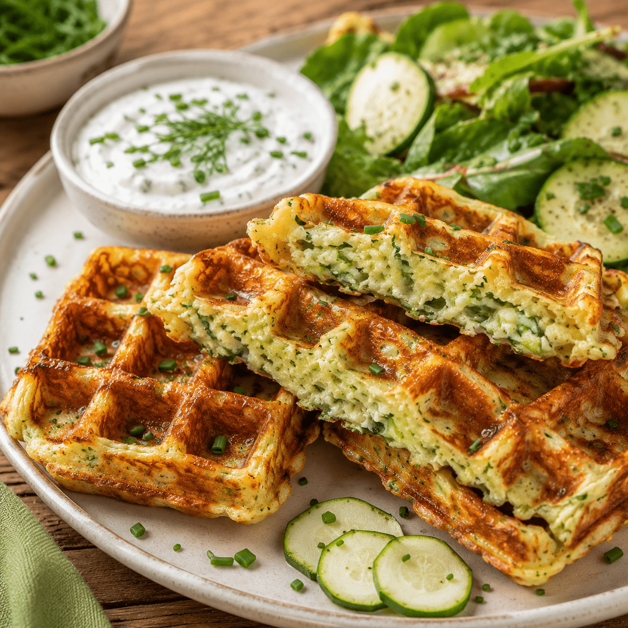 Gaufres courgettes croustillantes avec sauce au yaourt