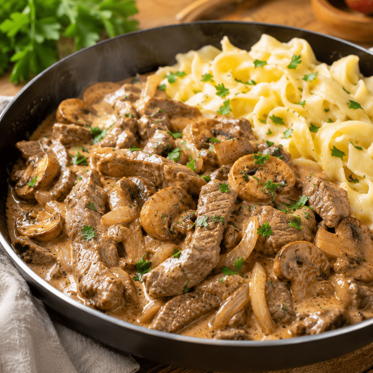 Bœuf Stroganoff crémeux aux champignons et au persil
