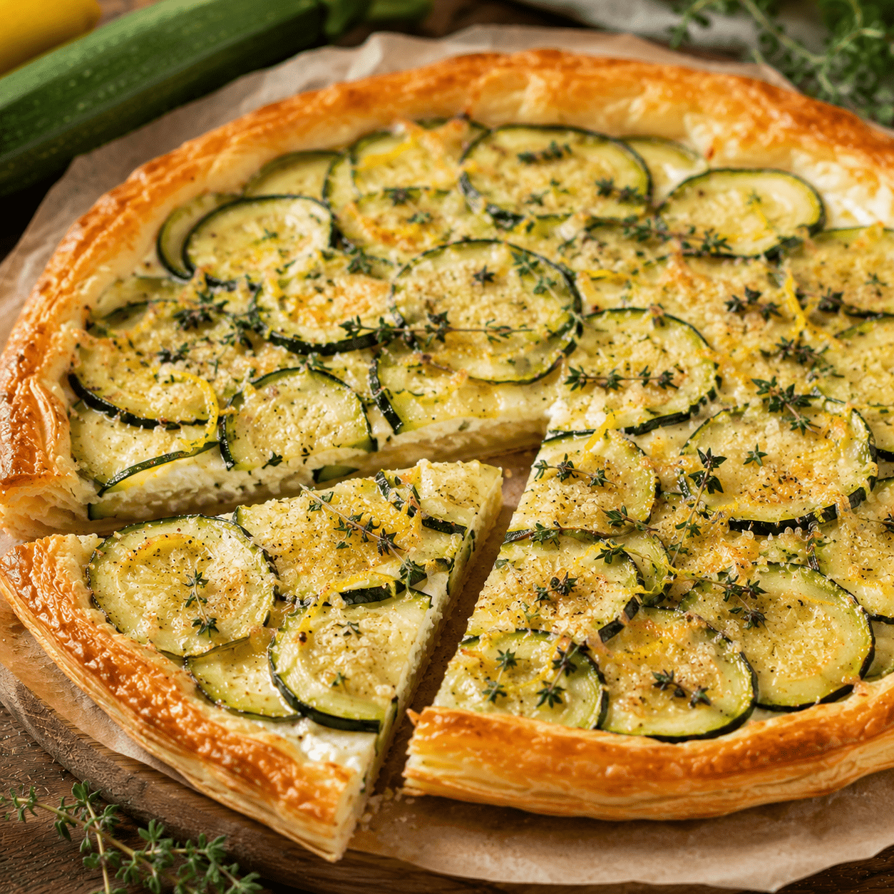 Tarte courgettes à la ricotta sur une pâte croustillante