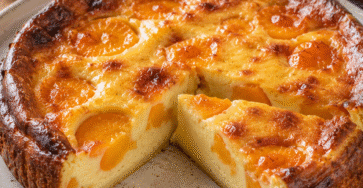 Flan abricots fondant à la vanille avec une part découpée