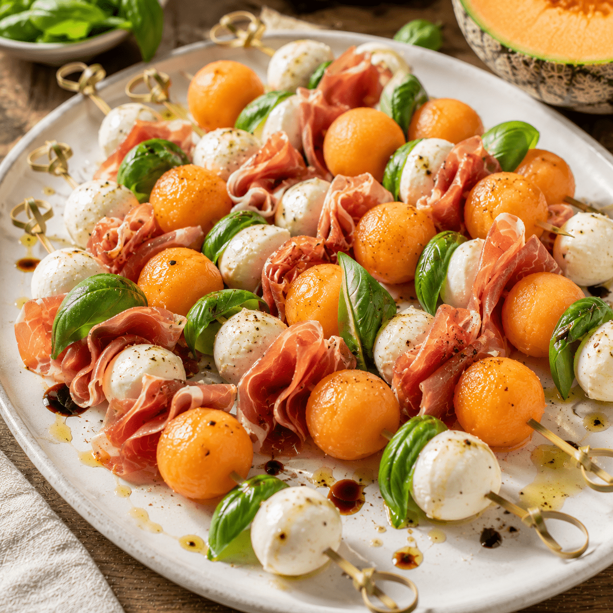 brochettes melon-jambon cru et à la mozzarella