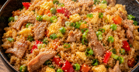 Riz sauté au porc avec œufs et légumes colorés