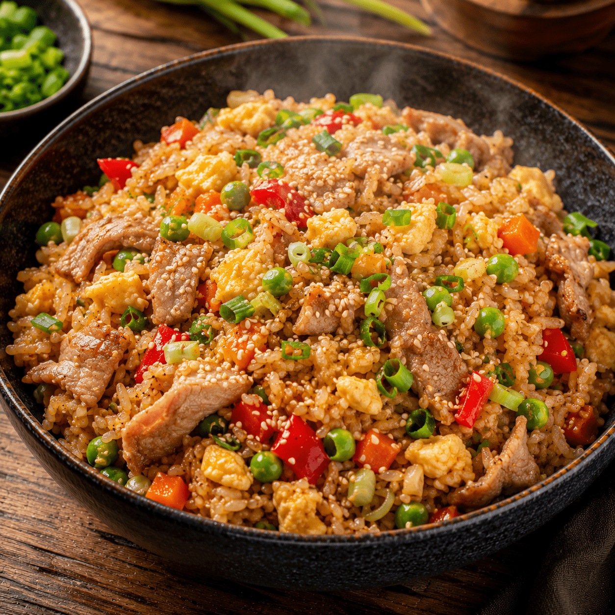 Riz sauté au porc avec œufs et légumes colorés