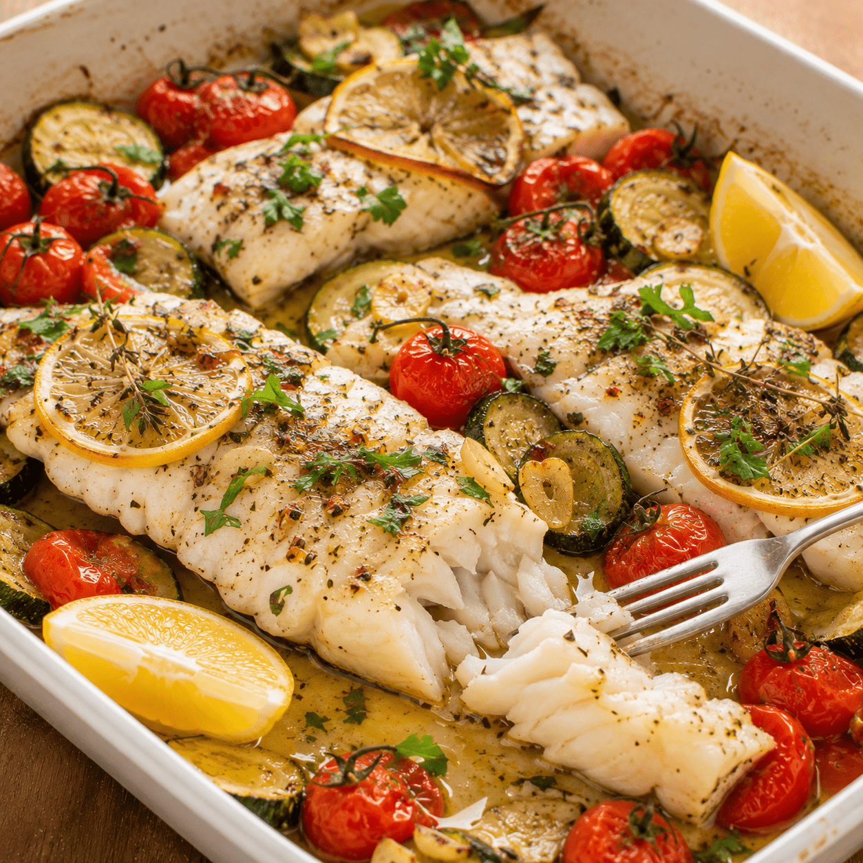 Poisson au four au citron avec tomates et courgettes