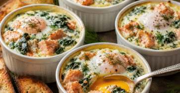 Œufs cocotte aux épinards et au saumon avec jaune coulant