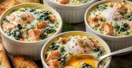 Œufs cocotte aux épinards et au saumon avec jaune coulant