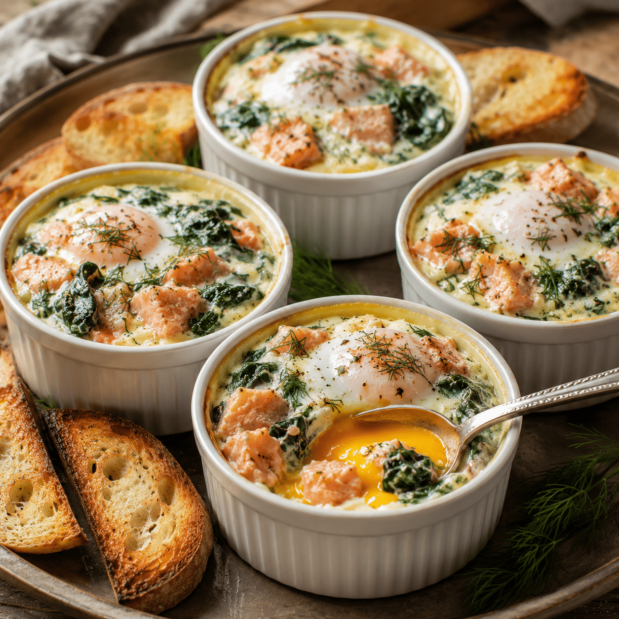 Œufs cocotte aux épinards et au saumon avec jaune coulant