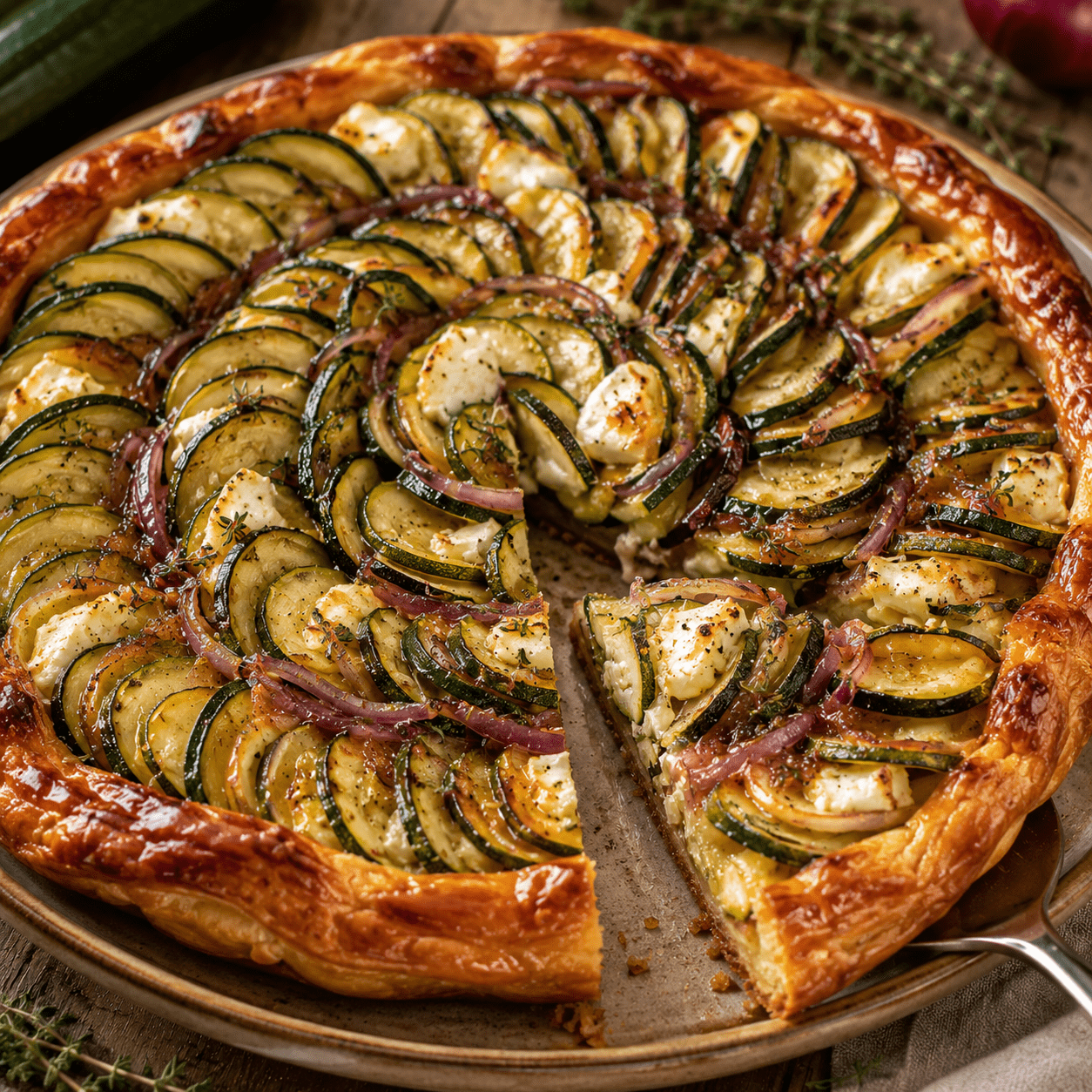 Tarte tatin de courgettes au chèvre et pâte feuilletée