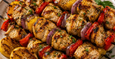 Brochettes poulet au citron avec poivrons grillés