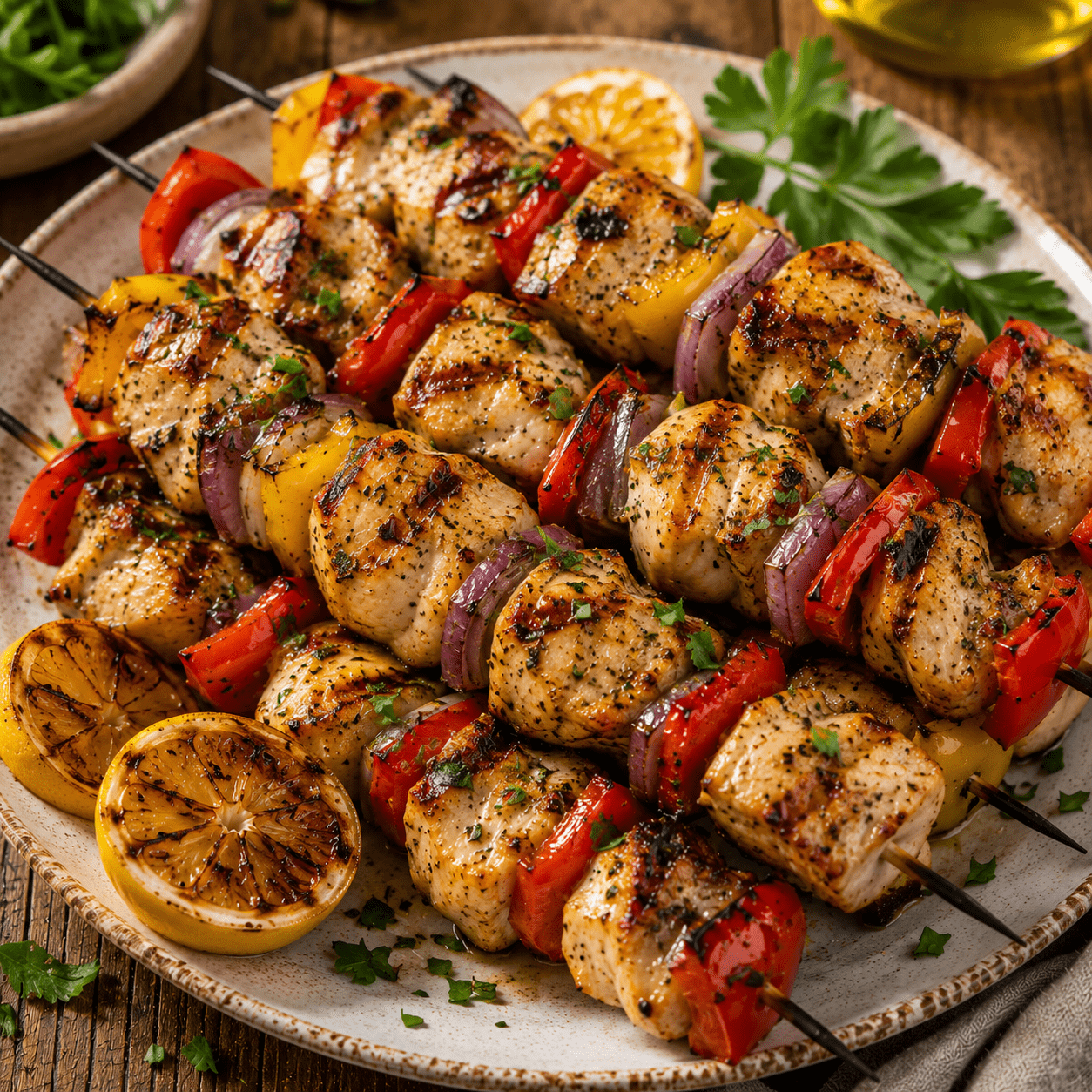 Brochettes poulet au citron avec poivrons grillés