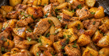 Poêlée de porc avec pommes de terre dorées et persil