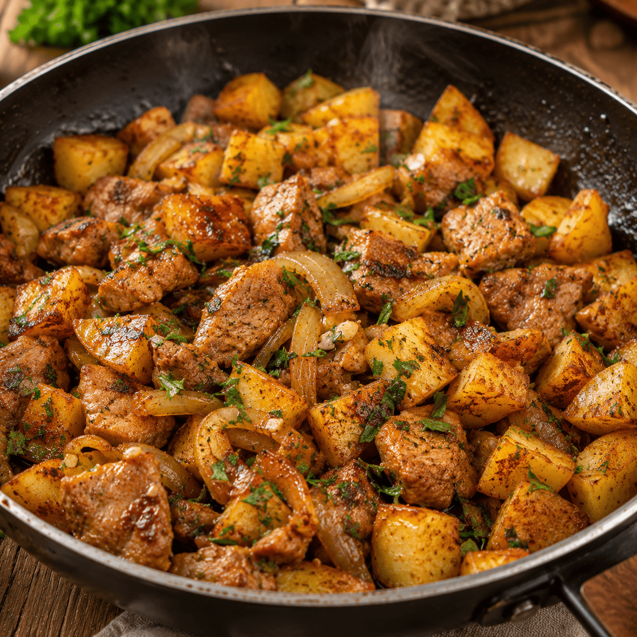 Poêlée de porc avec pommes de terre dorées et persil