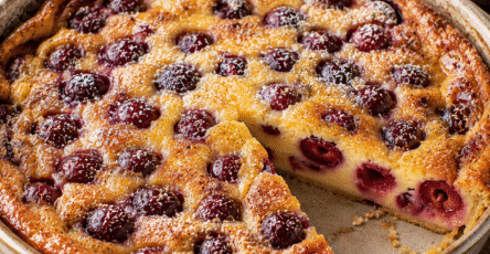 Clafoutis aux cerises fondant avec une part découpée
