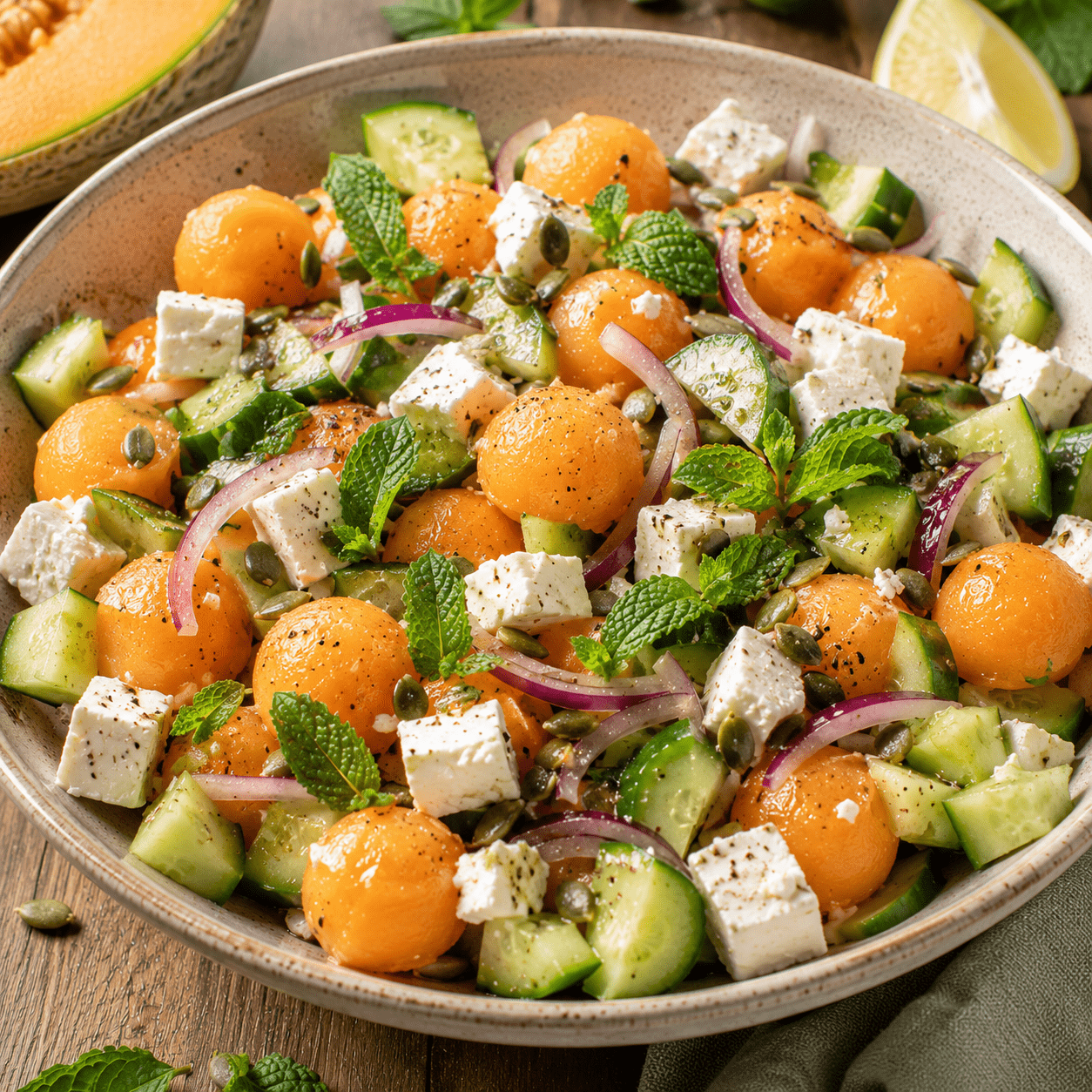 Salade melon-feta , concombre et menthe fraîche