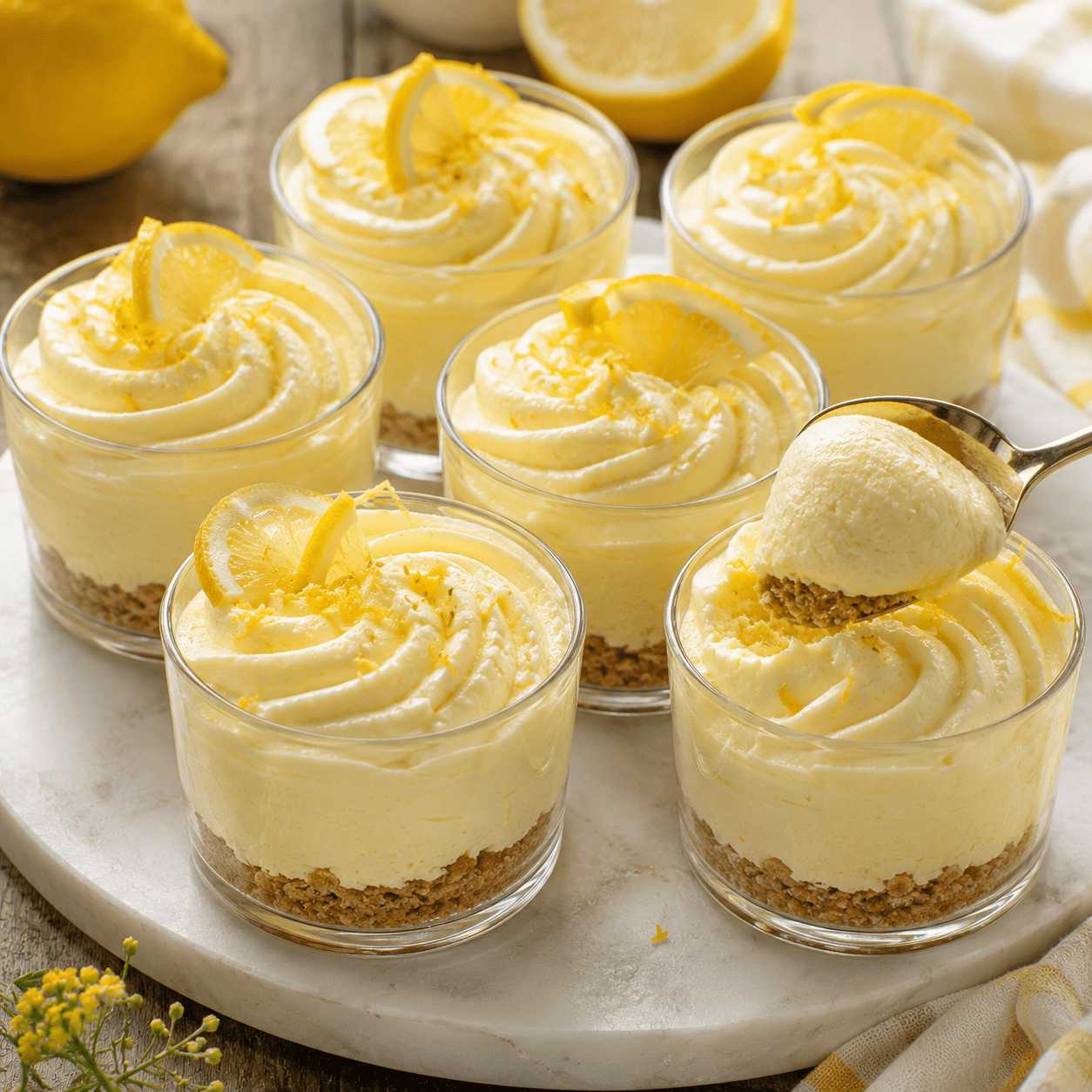 Mousse au citron légère servie dans des verrines