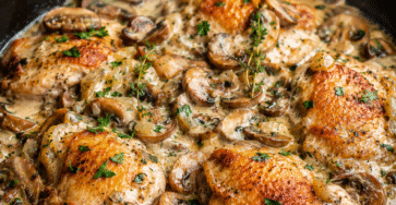 Poulet crémeux aux champignons servi dans une poêle