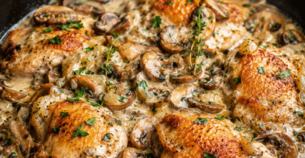 Poulet crémeux aux champignons servi dans une poêle