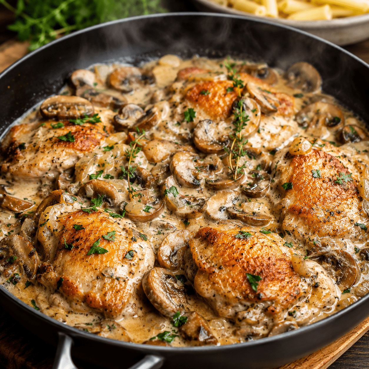 Poulet crémeux aux champignons servi dans une poêle