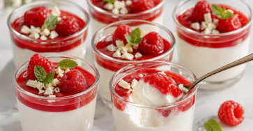 Panna cotta à la framboise servie dans des verrines