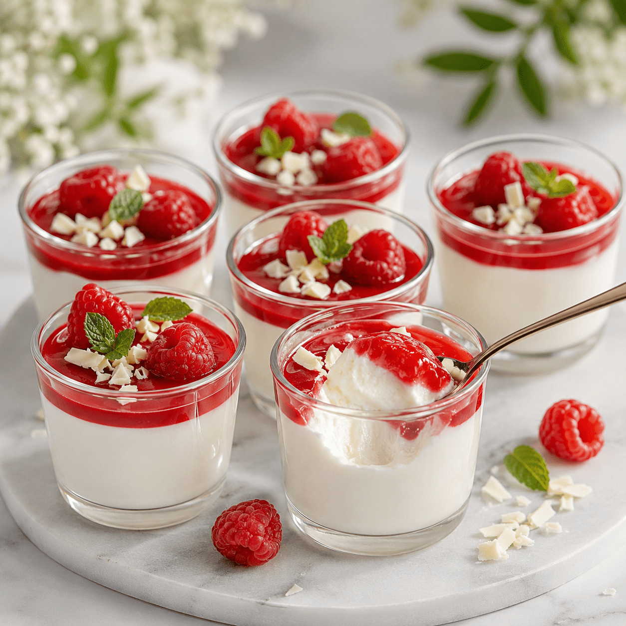 Panna cotta à la framboise servie dans des verrines