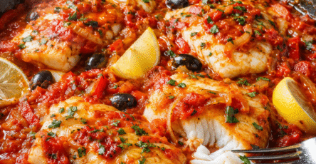 Filets de poisson blanc dans une sauce tomate aux olives