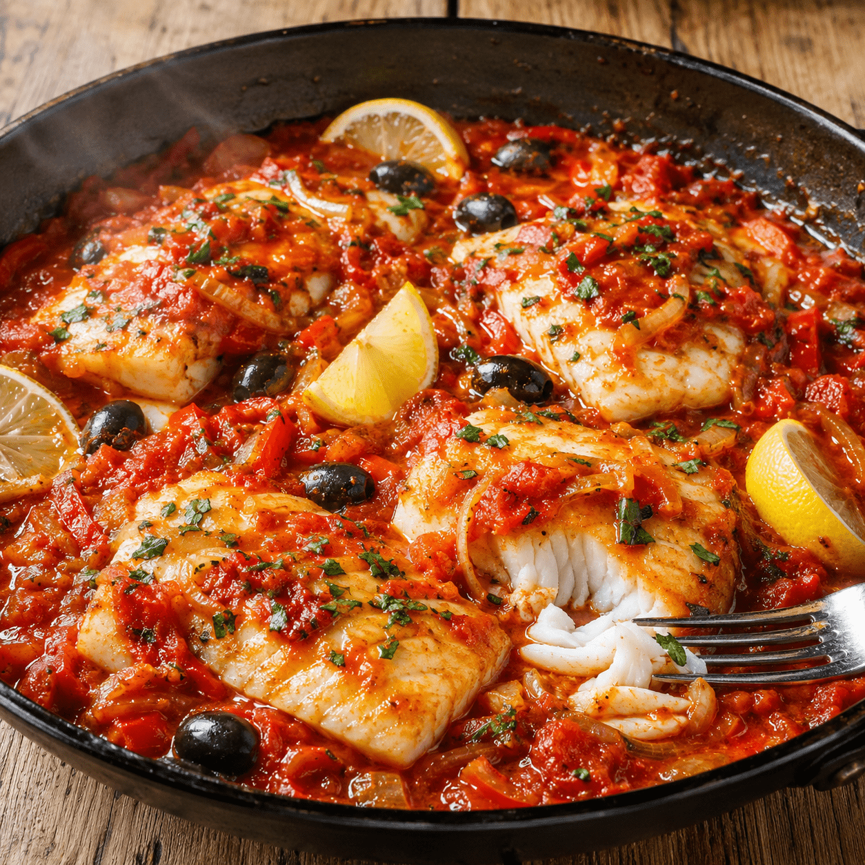 Filets de poisson blanc dans une sauce tomate aux olives