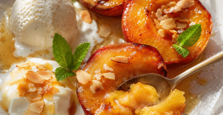 Nectarines rôties au miel avec glace à la vanille