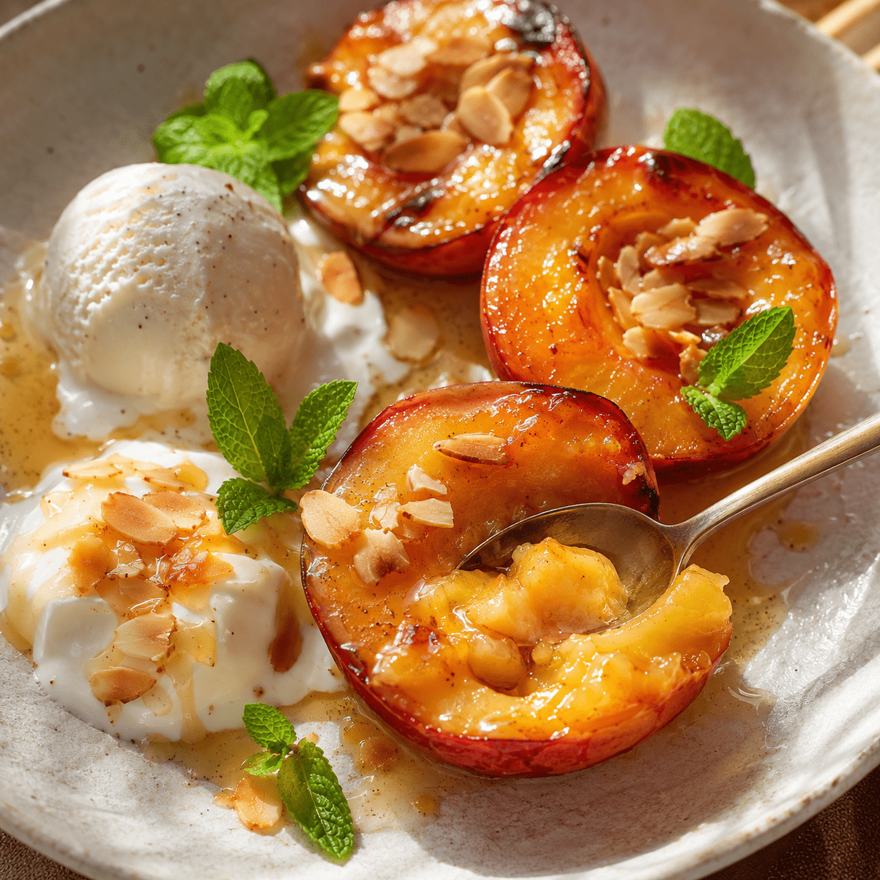 Nectarines rôties au miel avec glace à la vanille