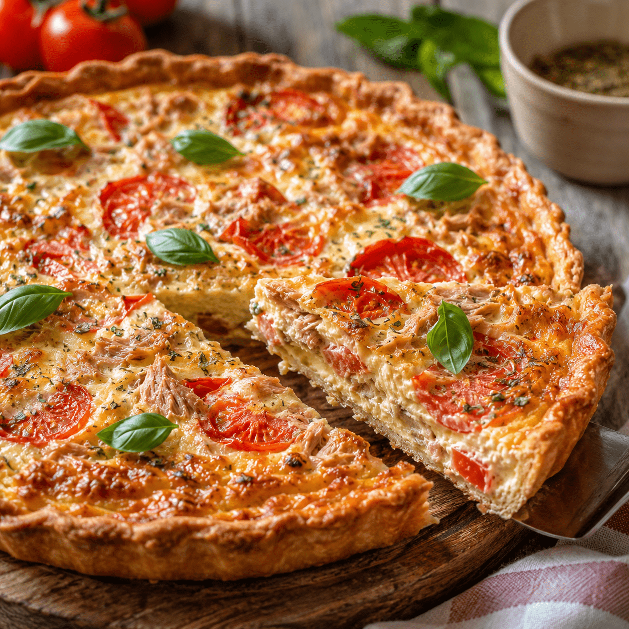 Quiche tomate thon à la moutarde et au fromage