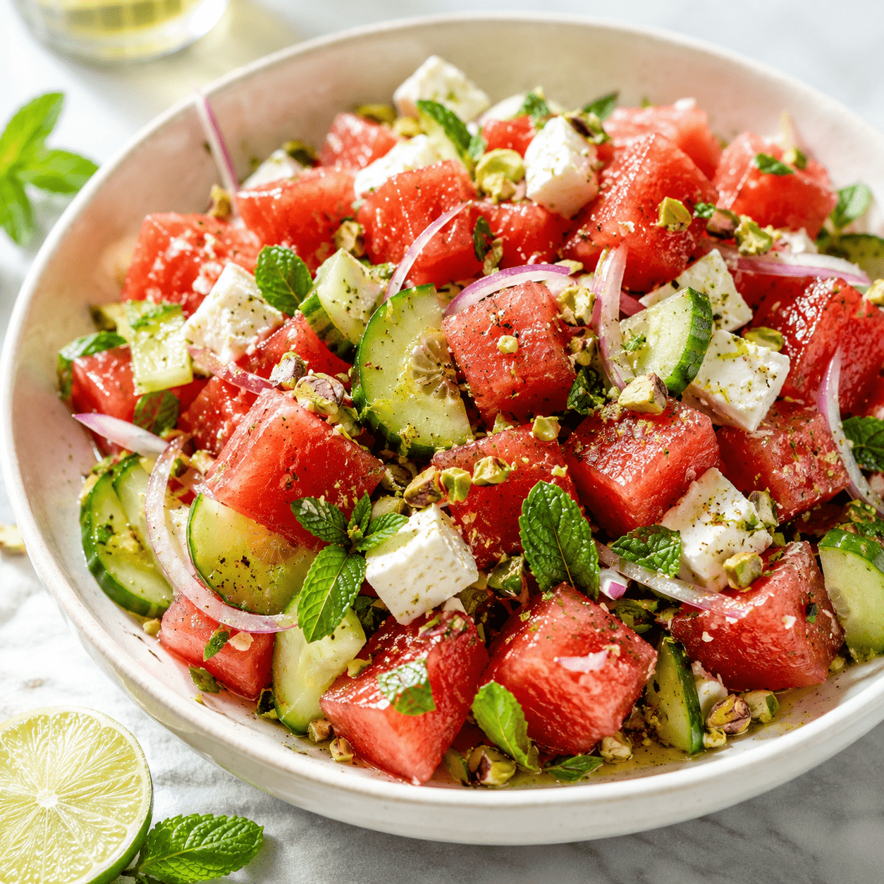 Salade pastèque feta avec concombre et menthe