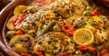 Tajine de poisson aux légumes, citron et olives