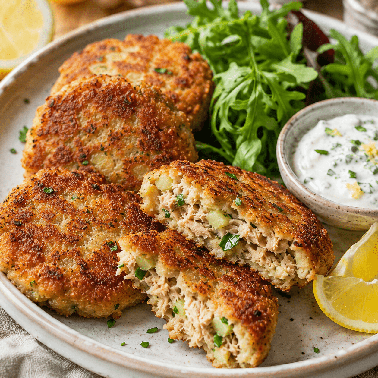 Galettes de thon dorées avec sauce au yaourt