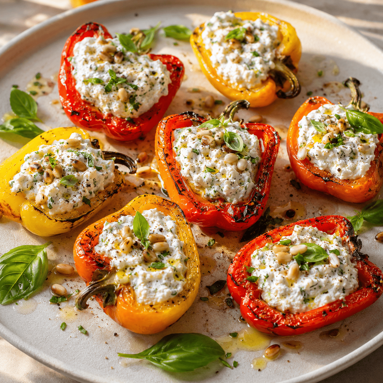 Poivrons grillés farcis au fromage frais et aux herbes