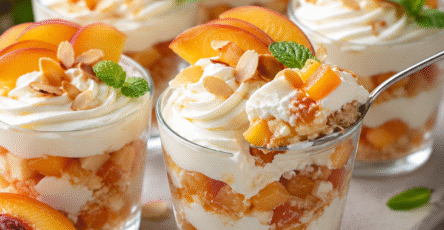 Verrines pêche mascarpone avec biscuits et amandes