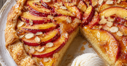Tarte rustique nectarines crème d’amande dorée au four avec fruits fondants, pâte croustillante et amandes effilées.