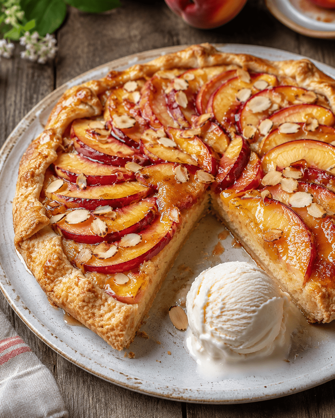 Tarte rustique nectarines crème d’amande dorée au four avec fruits fondants, pâte croustillante et amandes effilées.