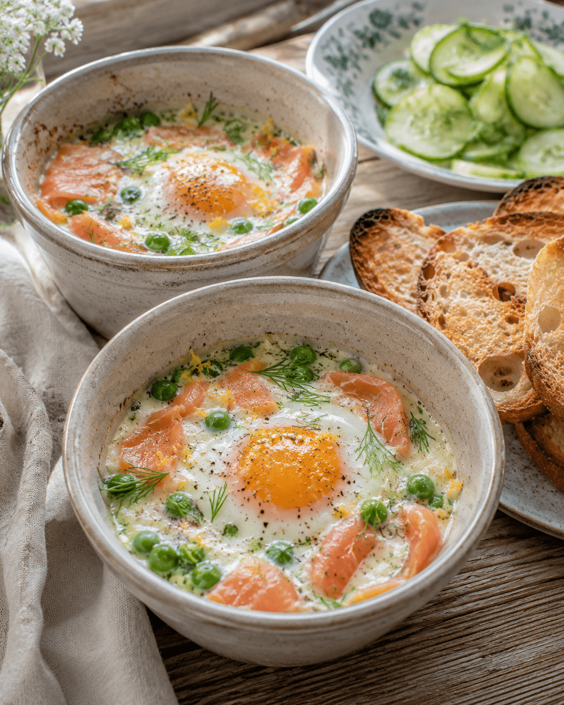 Œufs cocotte petits pois, saumon fumé et aneth servis dans des ramequins rustiques avec crème légère et pain grillé.