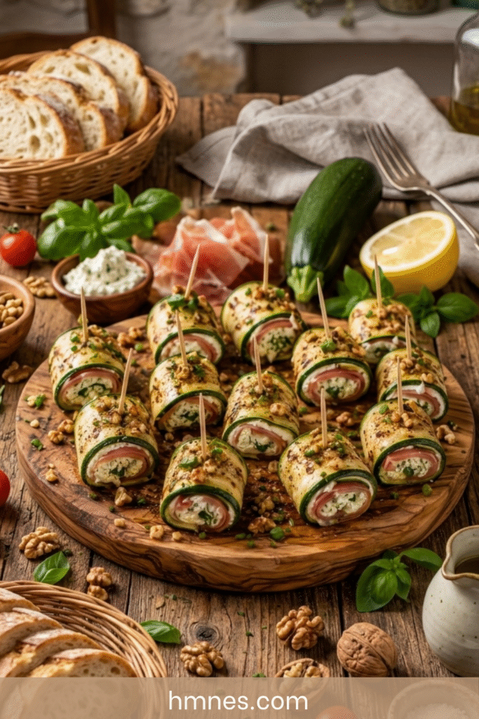 Roulés de courgettes grillées garnis de fromage frais, jambon cru et herbes sur une planche en bois.