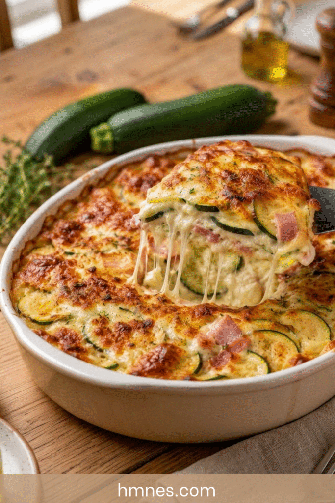 Gratin courgettes au jambon doré avec une part fondante et du fromage filant
