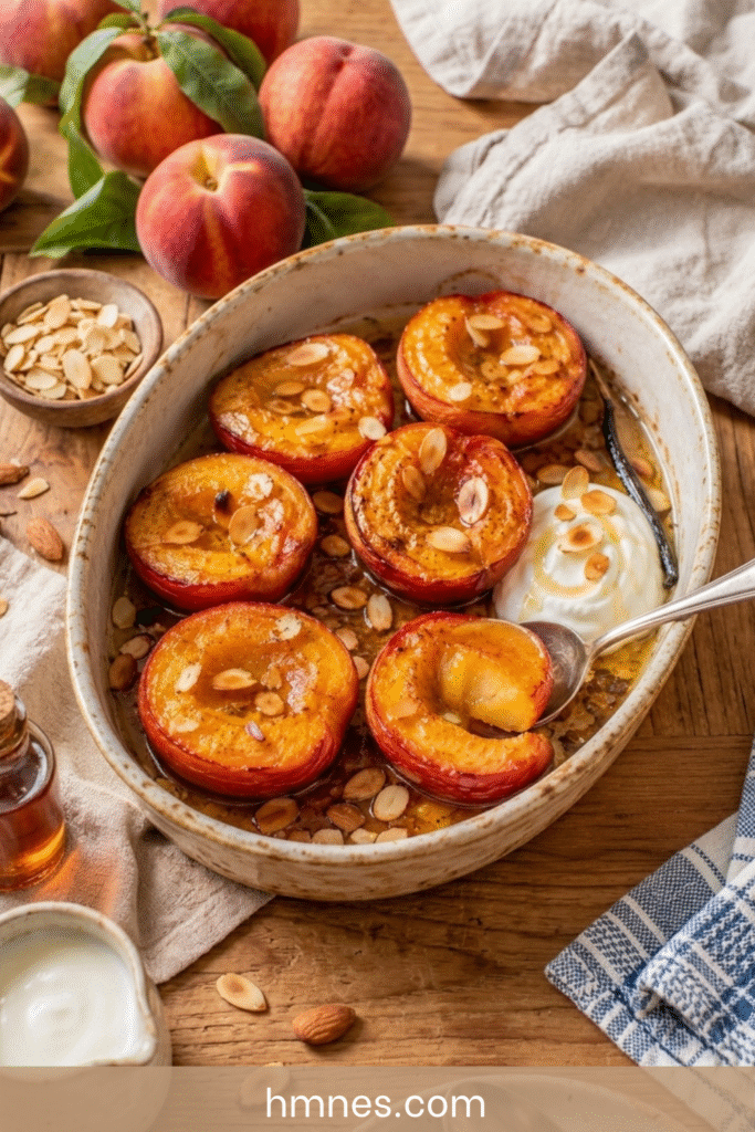 Pêches rôties au miel fondantes avec jus caramélisé et amandes grillées