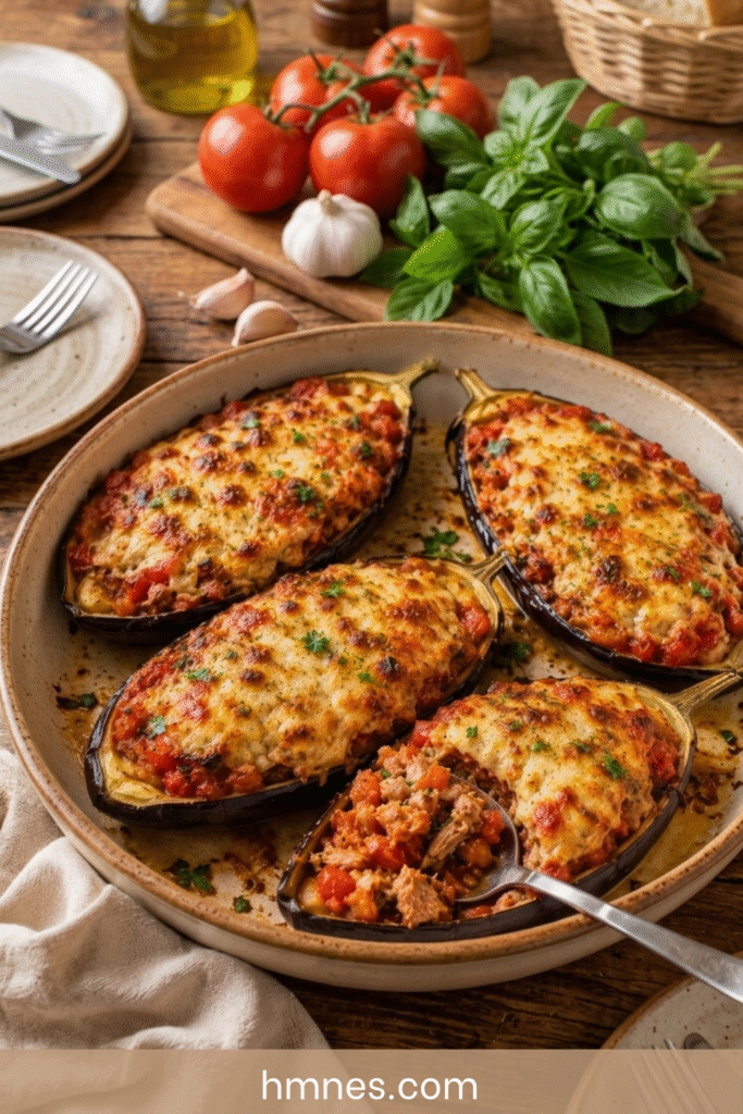 Aubergines farcies au thon et tomates avec fromage gratiné au four