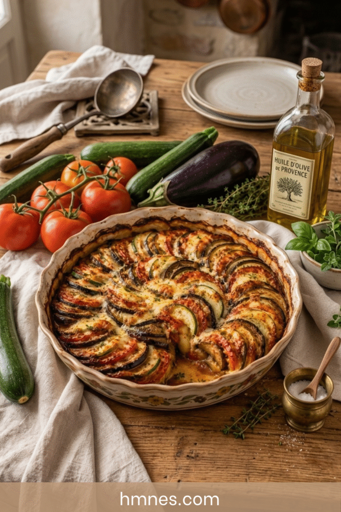 Tian provençal aux légumes d’été et mozzarella fondante dans un plat