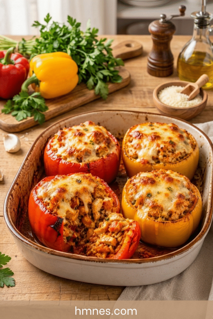 poivrons farcis au poulet et au riz gratinés dans un plat familial
