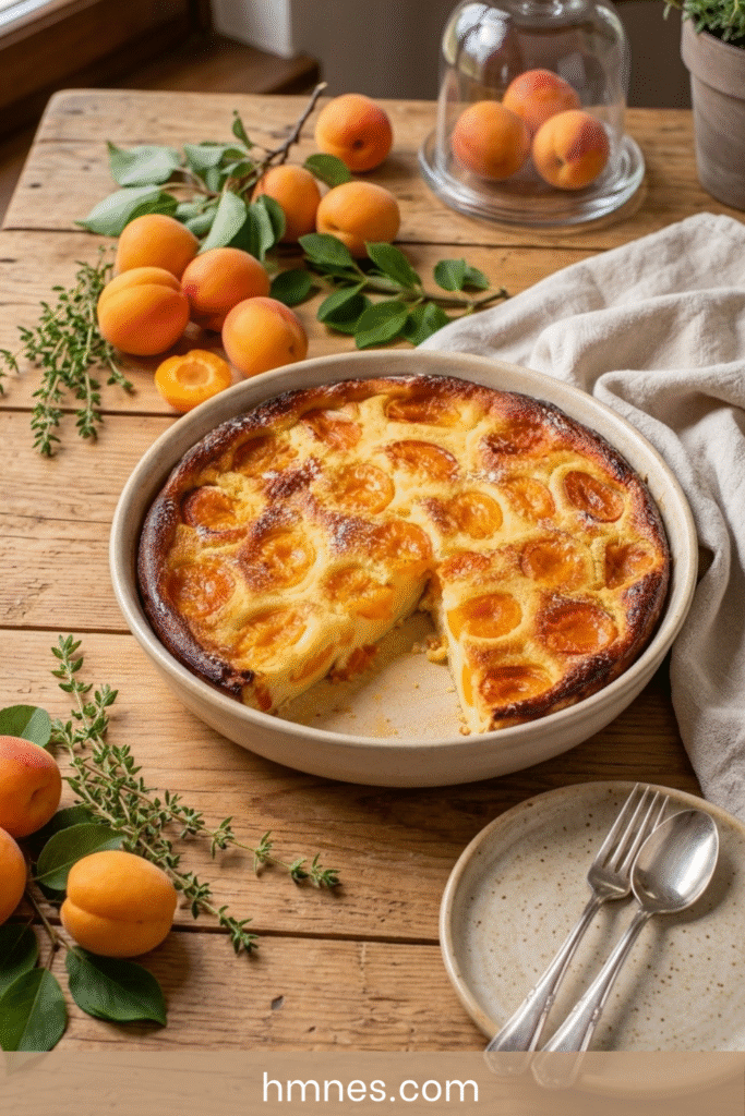 clafoutis abricots moelleux avec une part découpée et des fruits fondants