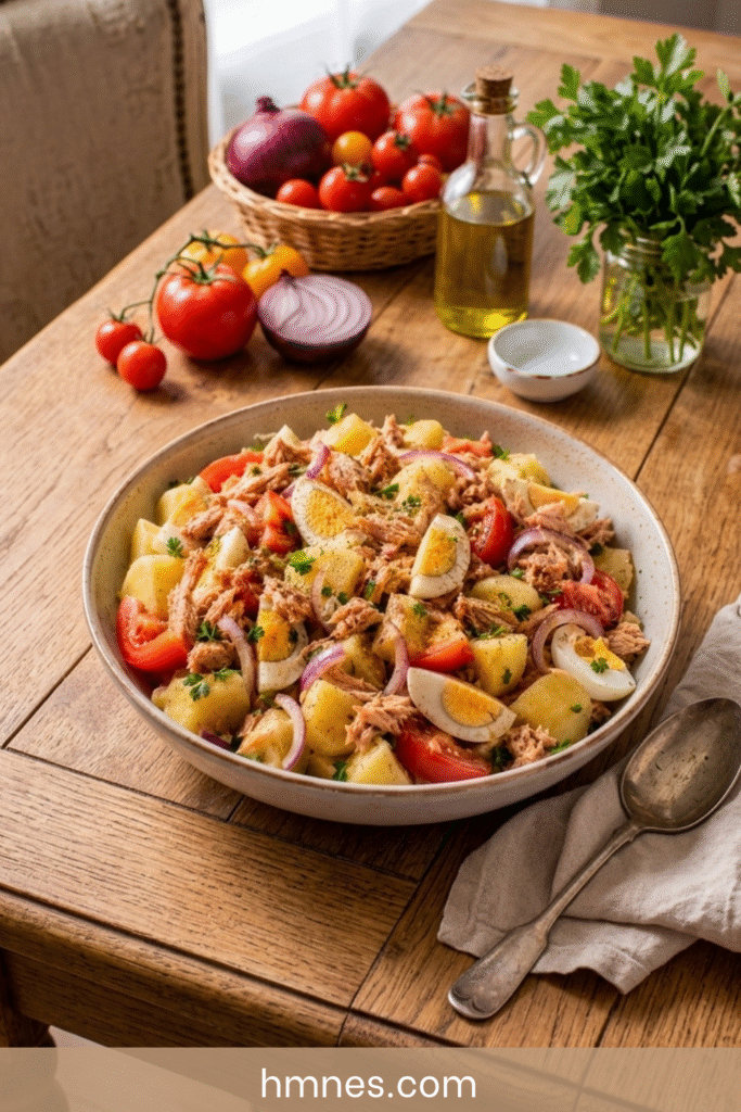 salade thon aux pommes de terre avec œufs, tomates et oignon rouge