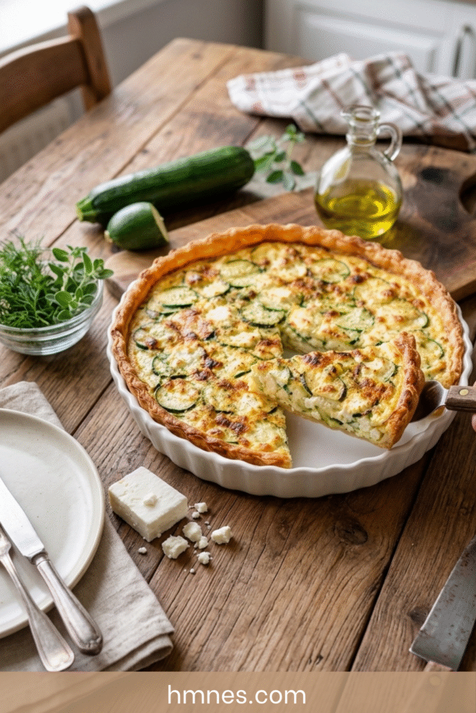 quiche courgettes à la feta avec une part fondante découpée